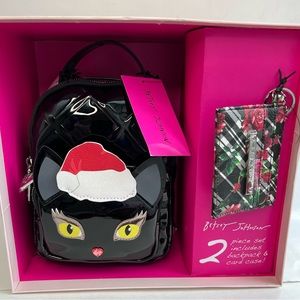 Betsey Johnson Mini Backpack & Card Case 2pc Box Gift Set Rose & Kitty Cat NWT🎄